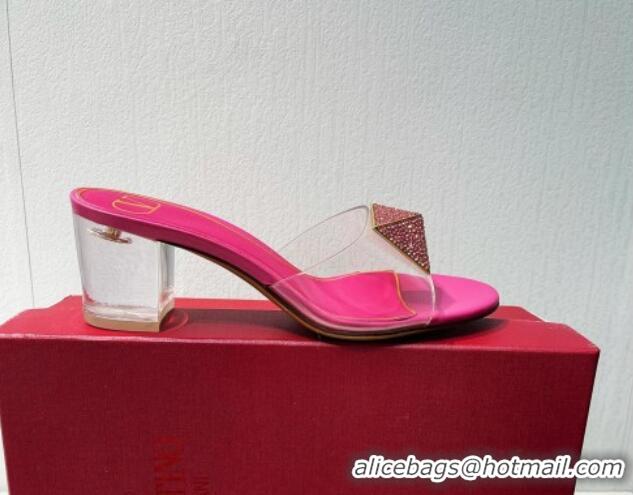 Most Popular Valentino One Stud PVC Heel Slide Sandals with Crystals and Clear Heel 4.5cm Dark Pink 027053