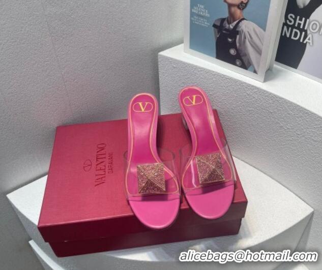 Most Popular Valentino One Stud PVC Heel Slide Sandals with Crystals and Clear Heel 4.5cm Dark Pink 027053