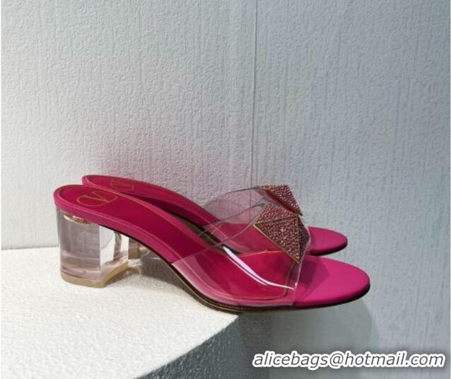 Most Popular Valentino One Stud PVC Heel Slide Sandals with Crystals and Clear Heel 4.5cm Dark Pink 027053