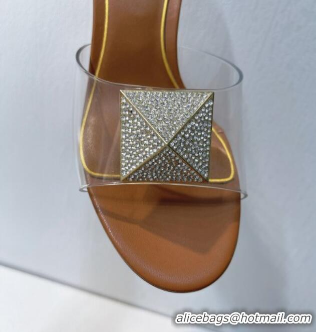 Duplicate Valentino One Stud PVC Heel Slide Sandals with Crystals and Clear Heel 4.5cm Brown 027054