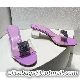 Affordable Price Valentino One Stud PVC Heel Slide Sandals with Crystals and Clear Heel 4.5cm Light Purple 027055