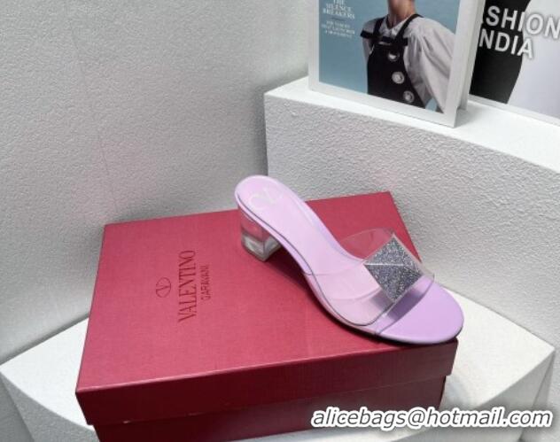 Affordable Price Valentino One Stud PVC Heel Slide Sandals with Crystals and Clear Heel 4.5cm Light Purple 027055