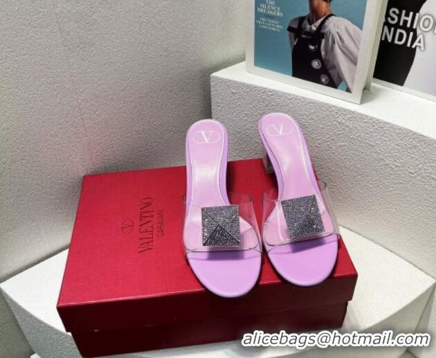 Affordable Price Valentino One Stud PVC Heel Slide Sandals with Crystals and Clear Heel 4.5cm Light Purple 027055