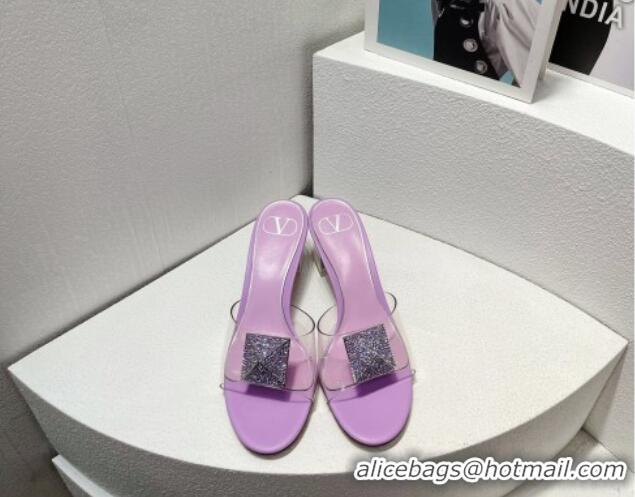 Affordable Price Valentino One Stud PVC Heel Slide Sandals with Crystals and Clear Heel 4.5cm Light Purple 027055