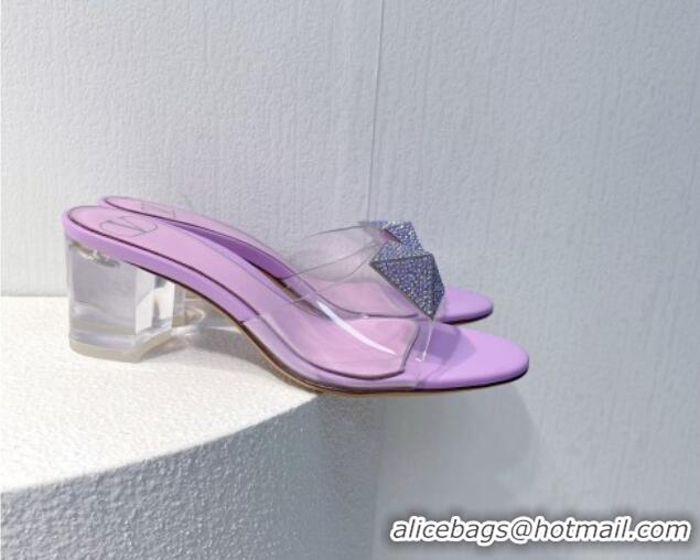 Affordable Price Valentino One Stud PVC Heel Slide Sandals with Crystals and Clear Heel 4.5cm Light Purple 027055