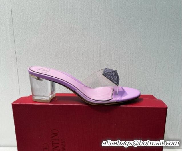 Affordable Price Valentino One Stud PVC Heel Slide Sandals with Crystals and Clear Heel 4.5cm Light Purple 027055