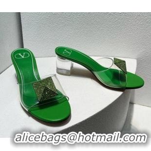 Reasonable Price Valentino One Stud PVC Heel Slide Sandals with Crystals and Clear Heel 4.5cm Green 027056