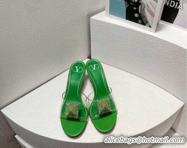 Reasonable Price Valentino One Stud PVC Heel Slide Sandals with Crystals and Clear Heel 4.5cm Green 027056