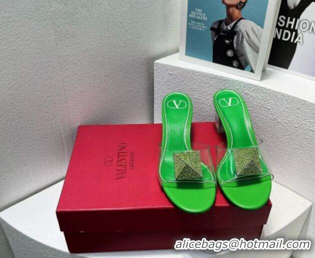 Reasonable Price Valentino One Stud PVC Heel Slide Sandals with Crystals and Clear Heel 4.5cm Green 027056