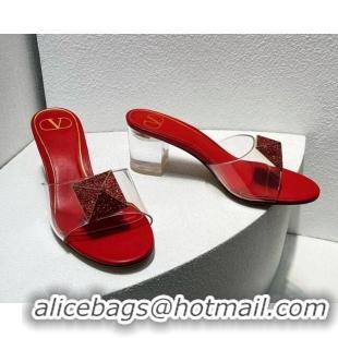 Duplicate Valentino One Stud PVC Heel Slide Sandals with Crystals and Clear Heel 4.5cm Red 027057