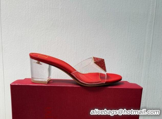 Duplicate Valentino One Stud PVC Heel Slide Sandals with Crystals and Clear Heel 4.5cm Red 027057