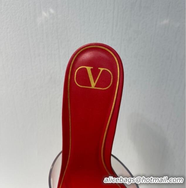 Duplicate Valentino One Stud PVC Heel Slide Sandals with Crystals and Clear Heel 4.5cm Red 027057