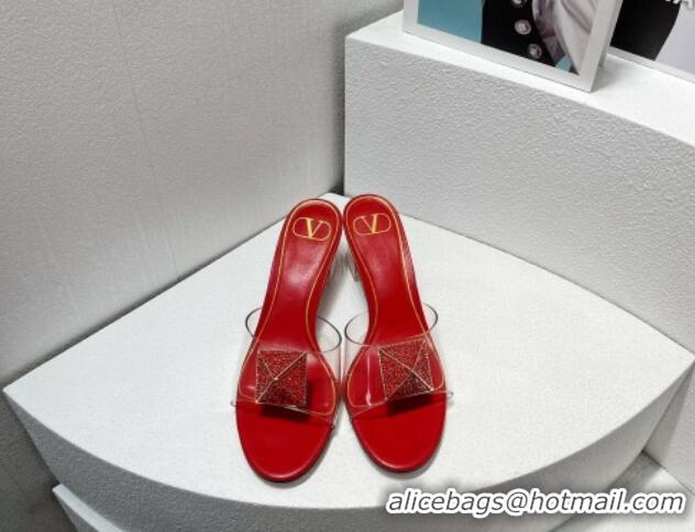 Duplicate Valentino One Stud PVC Heel Slide Sandals with Crystals and Clear Heel 4.5cm Red 027057