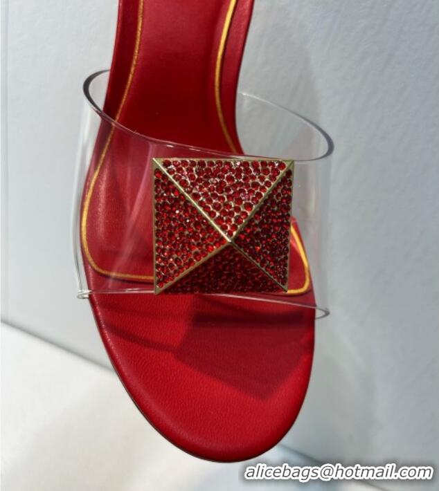 Duplicate Valentino One Stud PVC Heel Slide Sandals with Crystals and Clear Heel 4.5cm Red 027057