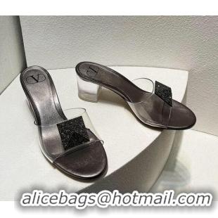 Duplicate Valentino One Stud PVC Heel Slide Sandals with Crystals and Clear Heel 4.5cm Metallic Grey 027058