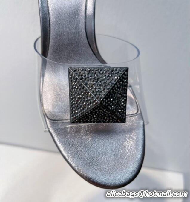 Duplicate Valentino One Stud PVC Heel Slide Sandals with Crystals and Clear Heel 4.5cm Metallic Grey 027058