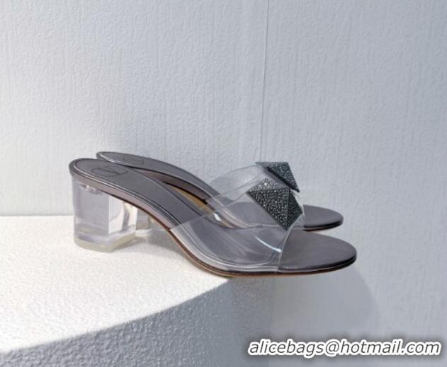 Duplicate Valentino One Stud PVC Heel Slide Sandals with Crystals and Clear Heel 4.5cm Metallic Grey 027058