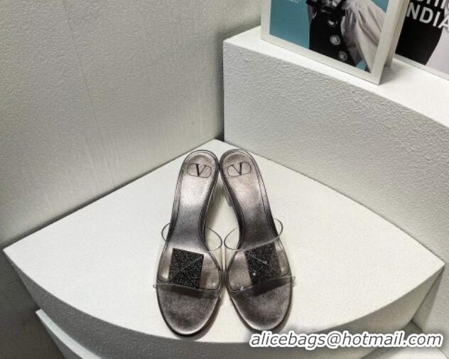 Duplicate Valentino One Stud PVC Heel Slide Sandals with Crystals and Clear Heel 4.5cm Metallic Grey 027058