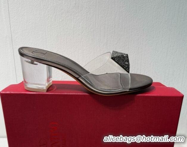 Duplicate Valentino One Stud PVC Heel Slide Sandals with Crystals and Clear Heel 4.5cm Metallic Grey 027058