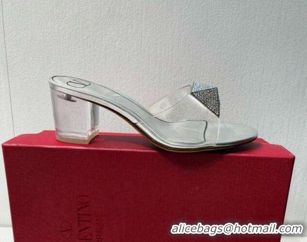 Best Price Valentino One Stud PVC Heel Slide Sandals with Crystals and Clear Heel 4.5cm Silver 027059