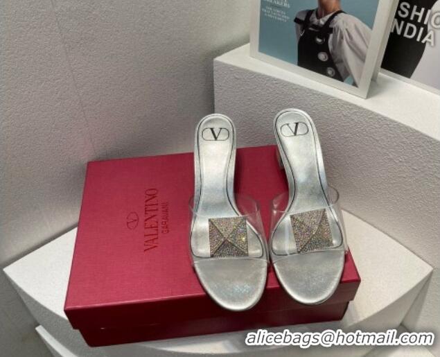 Best Price Valentino One Stud PVC Heel Slide Sandals with Crystals and Clear Heel 4.5cm Silver 027059