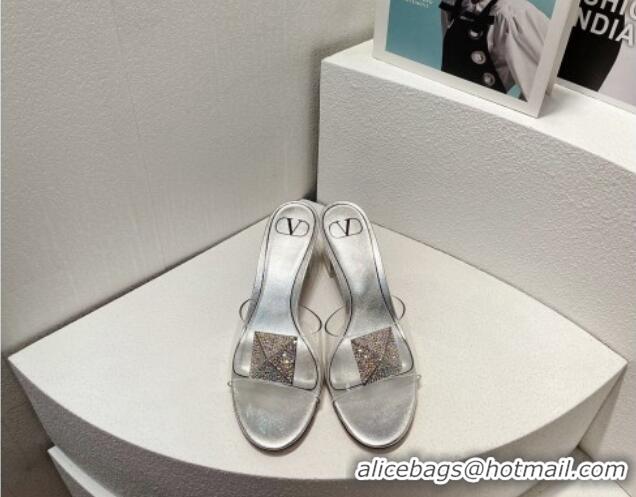 Best Price Valentino One Stud PVC Heel Slide Sandals with Crystals and Clear Heel 4.5cm Silver 027059