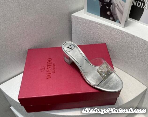 Best Price Valentino One Stud PVC Heel Slide Sandals with Crystals and Clear Heel 4.5cm Silver 027059