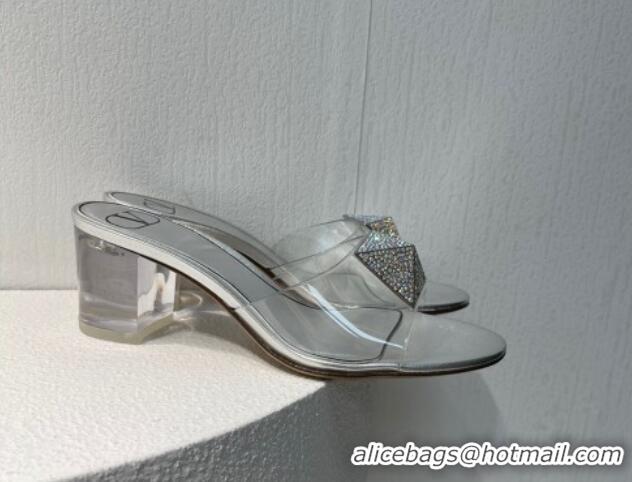 Best Price Valentino One Stud PVC Heel Slide Sandals with Crystals and Clear Heel 4.5cm Silver 027059