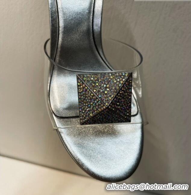 Best Price Valentino One Stud PVC Heel Slide Sandals with Crystals and Clear Heel 4.5cm Silver 027059