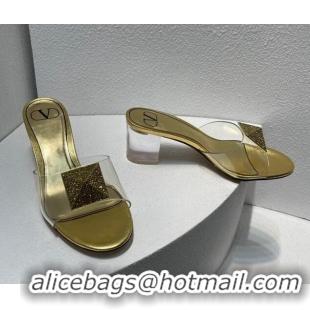 Stylish Valentino One Stud PVC Heel Slide Sandals with Crystals and Clear Heel 4.5cm Gold 027060