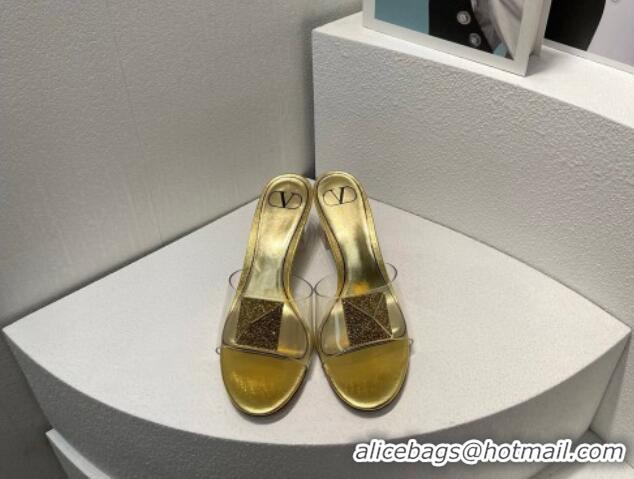 Stylish Valentino One Stud PVC Heel Slide Sandals with Crystals and Clear Heel 4.5cm Gold 027060