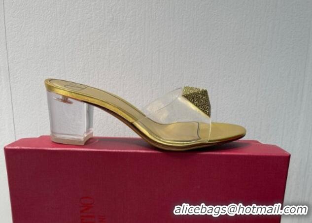 Stylish Valentino One Stud PVC Heel Slide Sandals with Crystals and Clear Heel 4.5cm Gold 027060