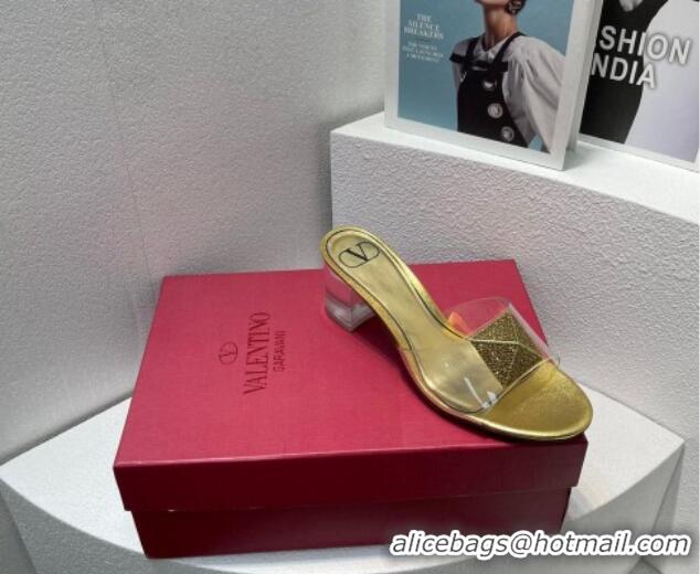 Stylish Valentino One Stud PVC Heel Slide Sandals with Crystals and Clear Heel 4.5cm Gold 027060