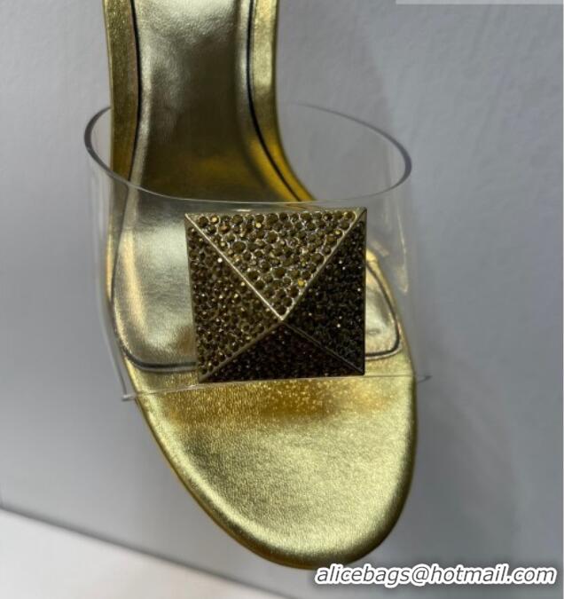 Stylish Valentino One Stud PVC Heel Slide Sandals with Crystals and Clear Heel 4.5cm Gold 027060