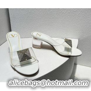 Grade Valentino One Stud PVC Heel Slide Sandals with Crystals and Clear Heel 4.5cm White 027062