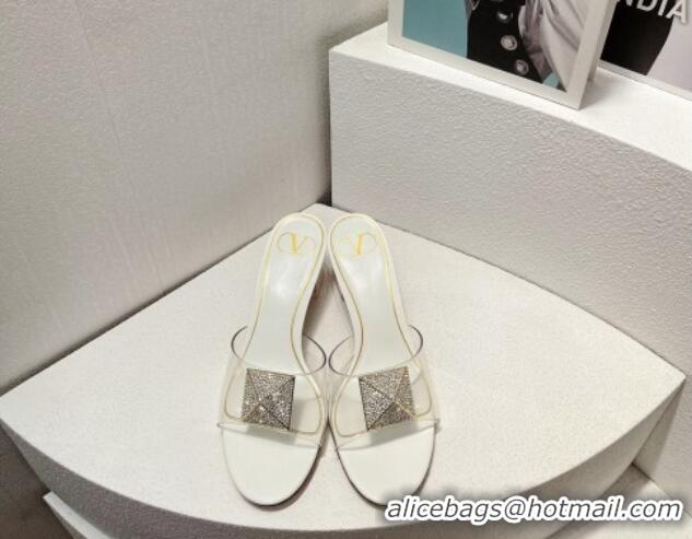 Grade Valentino One Stud PVC Heel Slide Sandals with Crystals and Clear Heel 4.5cm White 027062