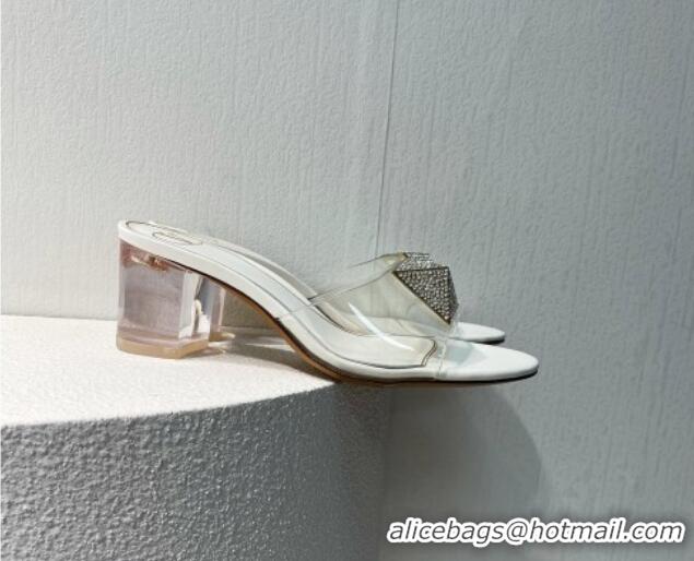 Grade Valentino One Stud PVC Heel Slide Sandals with Crystals and Clear Heel 4.5cm White 027062