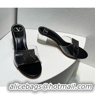 Discount Valentino One Stud PVC Heel Slide Sandals with Crystals and Clear Heel 4.5cm Black 027063