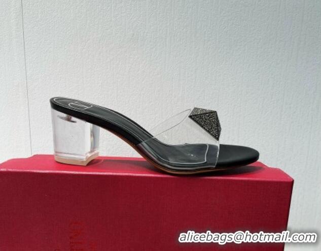 Discount Valentino One Stud PVC Heel Slide Sandals with Crystals and Clear Heel 4.5cm Black 027063