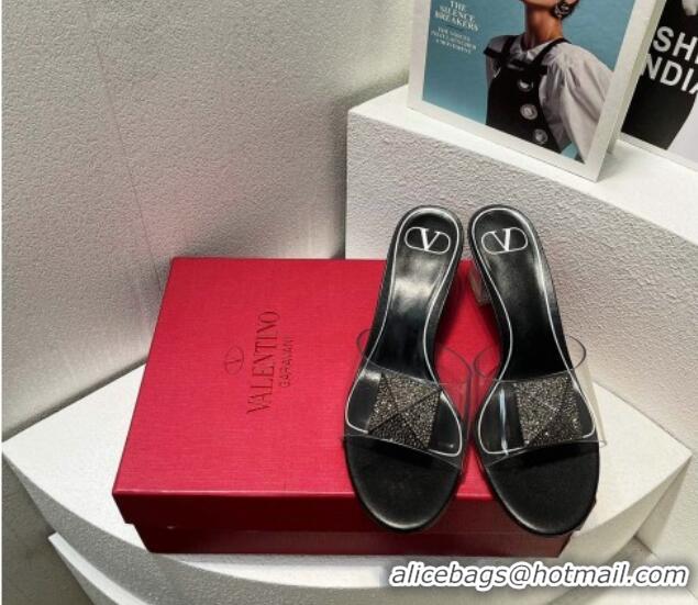 Discount Valentino One Stud PVC Heel Slide Sandals with Crystals and Clear Heel 4.5cm Black 027063