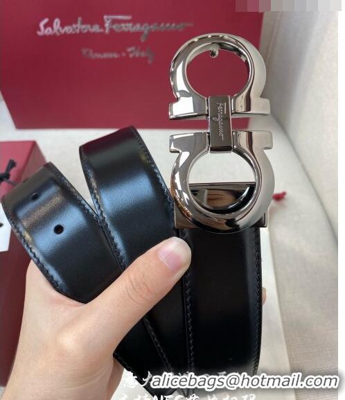 Inexpensive Ferragamo Gancini Shiny Calfskin Belt 3.5cm 030901 Black/Metal Grey