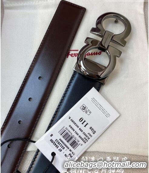 Inexpensive Ferragamo Gancini Shiny Calfskin Belt 3.5cm 030901 Black/Metal Grey