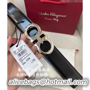 Top Quality Ferragamo Gancini Shiny Calfskin Belt 3.5cm 030901 Black/Bright Silver