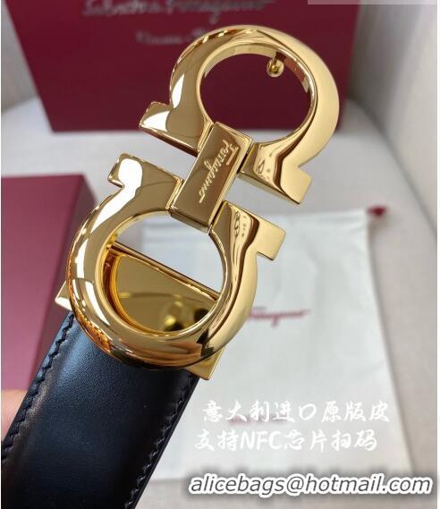 Famous Brand Ferragamo Gancini Shiny Calfskin Belt 3.5cm 030901 Black/Bright Gold