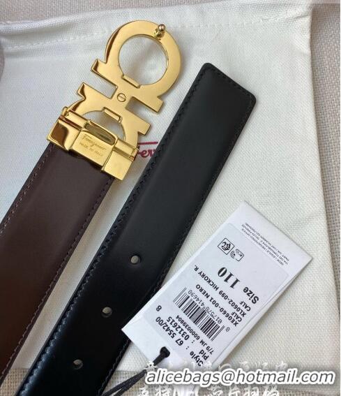 Famous Brand Ferragamo Gancini Shiny Calfskin Belt 3.5cm 030901 Black/Bright Gold