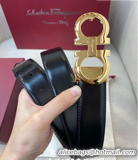 Famous Brand Ferragamo Gancini Shiny Calfskin Belt 3.5cm 030901 Black/Bright Gold