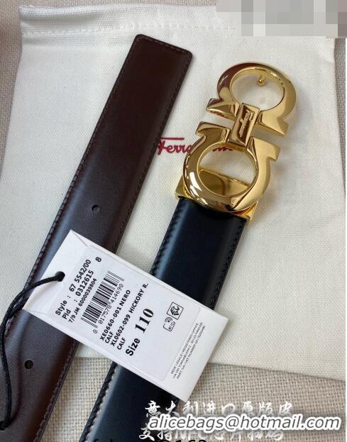 Famous Brand Ferragamo Gancini Shiny Calfskin Belt 3.5cm 030901 Black/Bright Gold