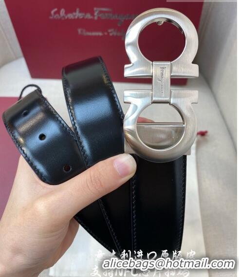 Modern Cheap Ferragamo Gancini Shiny Calfskin Belt 3.5cm 030901 Black/Matte Silver