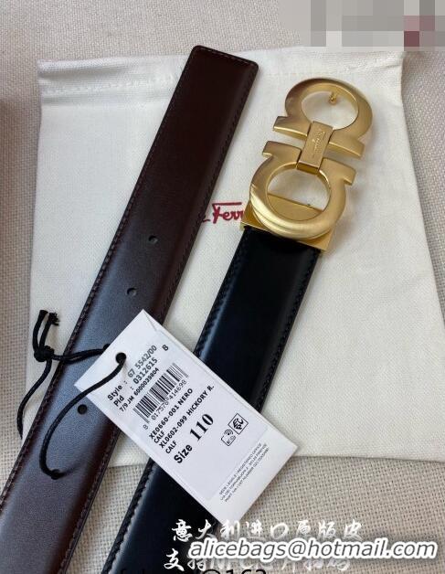 Buy Fashionable Ferragamo Gancini Shiny Calfskin Belt 3.5cm 030901 Black/Matte Gold