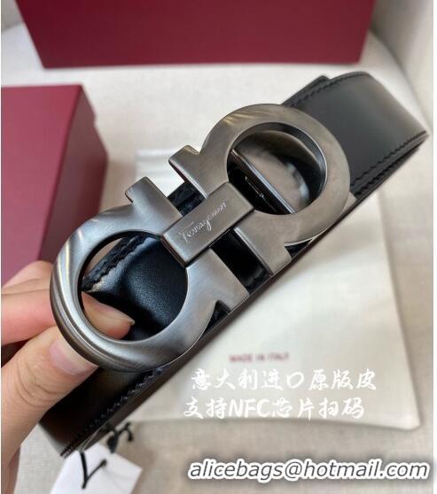 Reasonable Price Ferragamo Gancini Shiny Calfskin Belt 3.5cm 030901 Black/Gunmetal